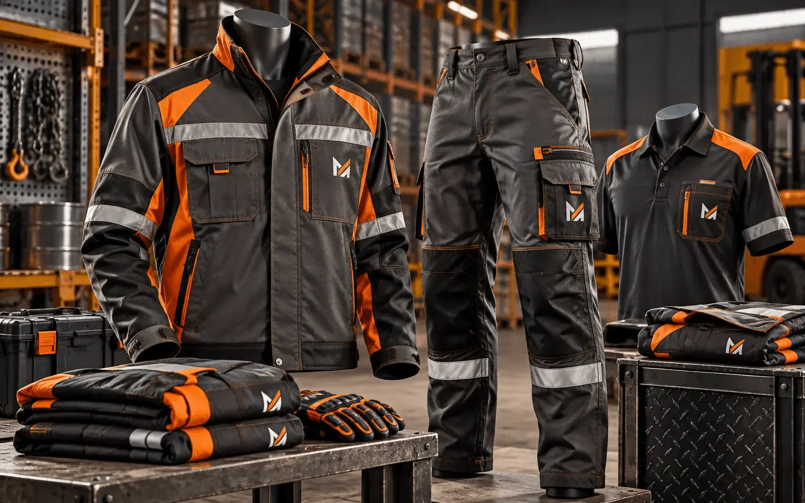 Industrial workwear uniforms displayed on mannequins, featuring a charcoal and orange reflective work jacket, cargo trousers, polo shirt, safety gloves, and folded branded garments in a warehouse setting.